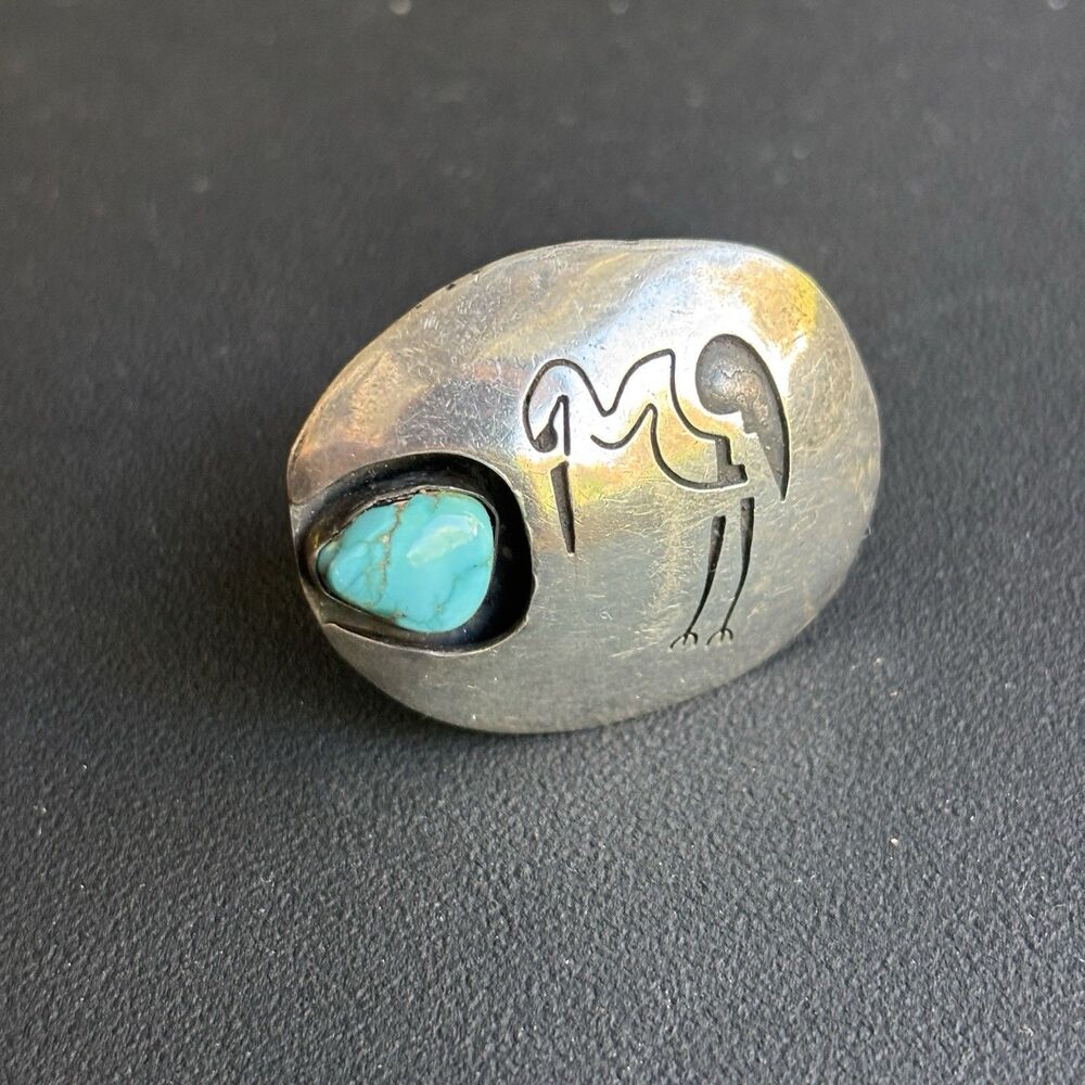 RARE! Vintage Native American Sterling Silver Turquoise Crane Bird Ring Sz 7 - Picture 1 of 7